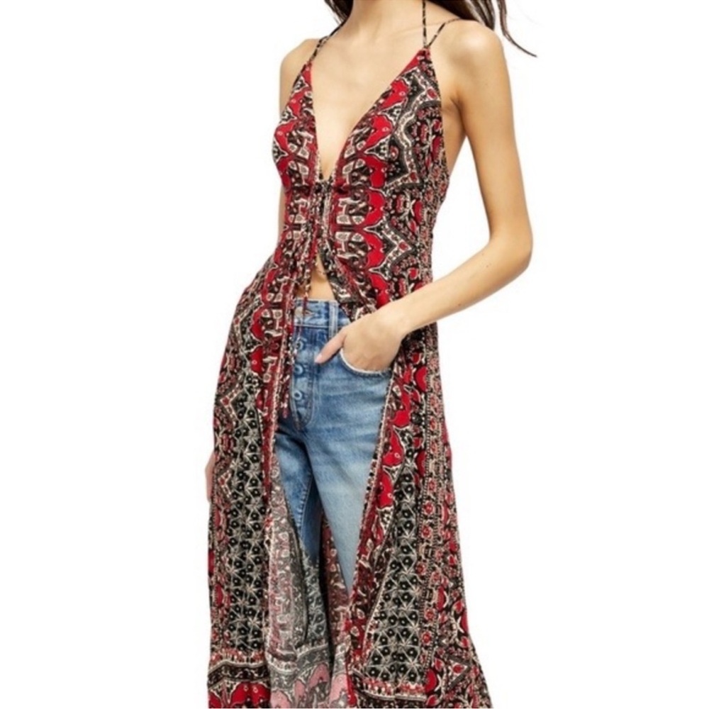 Free People On The Bright Side Maxi Dress Red Black Spaghetti Strap Boho Large